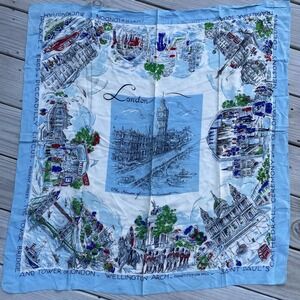 Vtg 50's/60's London Landmarks Souvenir Blue Scarf 31x33" Bag Accessory